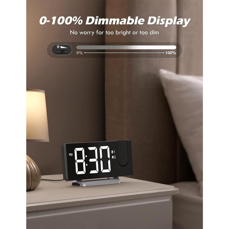 Projection  Clock with FM Radio, USB  Port, 0- Dimmer, Dual Alarms, HD LED Display, 30 Preset Stations, Sleep Timer, 5  Sounds, Snooze, Curved Screen, Digital Clock for Bedroom