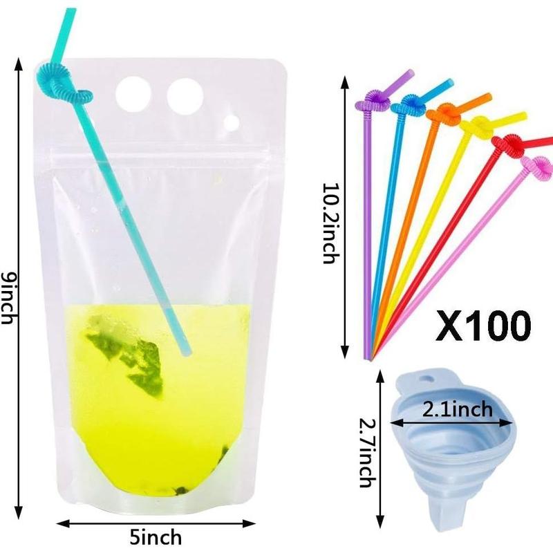 100count Drink Pouches for Adults Heavy Duty Hand-Held Translucent Reusable Juice Pouches Smoothie Pouches with 100 Drink Straws Adult Party Favors