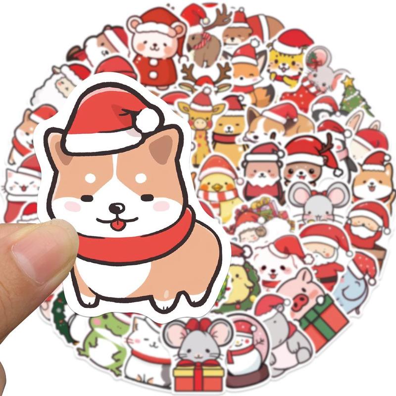 Cute Cartoon Animal Pattern Sticker, 50pcs set Creative Christmas Themed Sticker, DIY Decorative Sticker for Stationery & Computer & Water Bottle