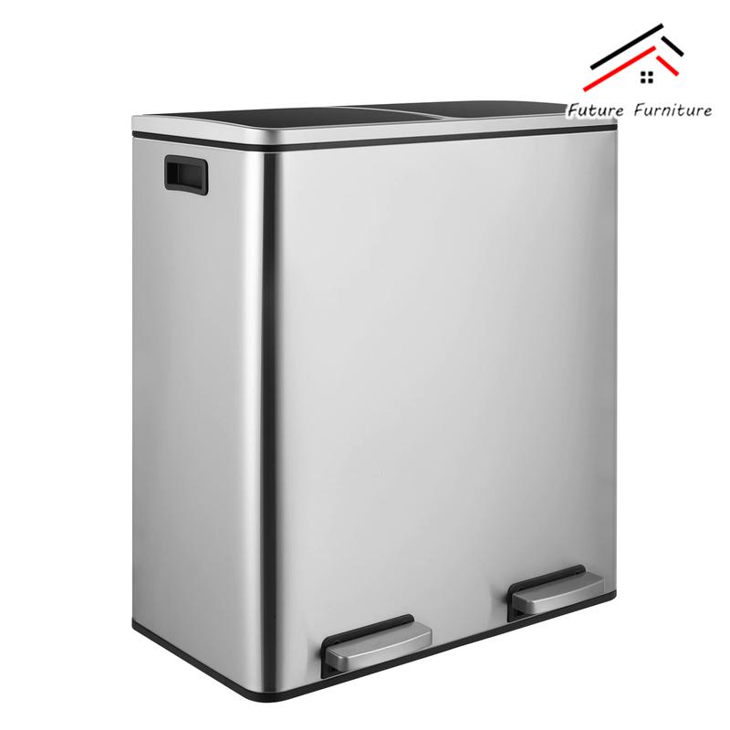 16 Gallon  (2x30L) Stainless Steel Trash Can, Kitchen Trash Bin w Dual Removable Inner Buckets, Soft Closure & Step-on Pedal, Deodorizer Compartment, Garbage Bin for Recycling, Silver