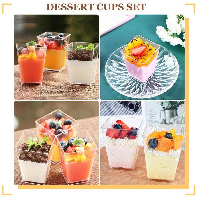 mwellewm 300 Packs Dessert Cups with Spoons, 5 OZ Mini Clear Plastic Dessert Parfait Cup for Party, Square Dessert Shot Glasse Round Goblet Small Reusable Fruit Ice Cream Pudding Appetizer Cup Bowls Disposable Set