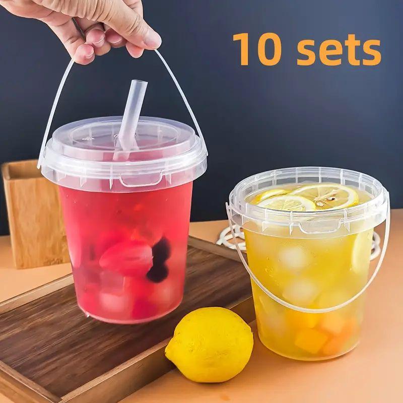 1000ml Large Capacity Disposable Fruit Juice Cup, 10 Sets Clear Fruit Juice Drink Cup with Lid & Handle & Straw, Drinking Cup for Home Party Picnic