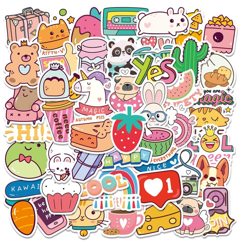 Cute Cartoon Animal & Food Pattern Sticker, 50pcs Self Adhesive Decor Stickers, Decorative Sticker for Laptop, Guitar, Water Bottle & Skateboard