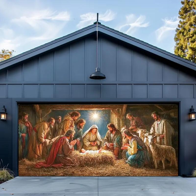 Festive Season Birth Scene Outdoor Garage Door Banner Decoration - Large 6X13 Feet Polyester Tapestry Background for Holiday Parties