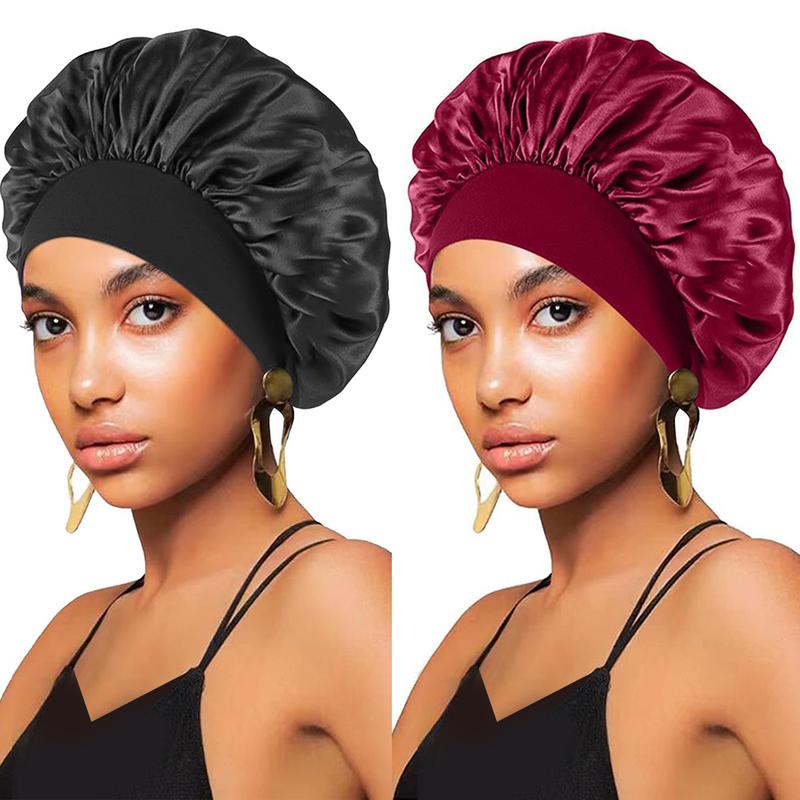 Bling Hair Fashion 4Pcs Satin Bonnet Sleep Hat For Curly Hair Satin Hair Bonnet for Women Hair Wrap Cap Elastic Wide Band Hair Bonnet Shower Cap