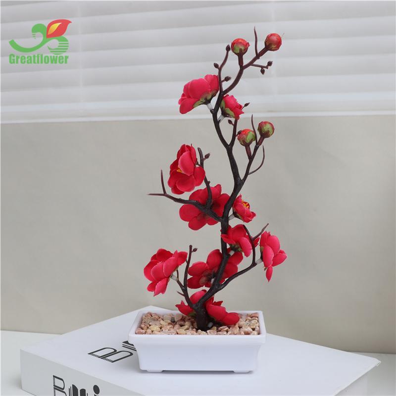 Artificial Plum Blossom & Potted Plant, 1 Count Elegant Simulation Plant Decoration, Small Desktop Faux Bonsai For Home Decor