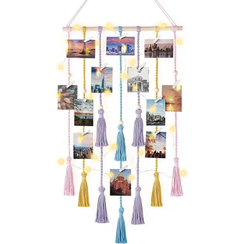 Hanging Photo Display Boho Macrame Wall Decor with Light, Teen Girl Teenage Gifts, Pictures Cards Frame Holder Art Hanger for Birthday Party Room Bedroom Dorm, with 30 Wood Clips, Multi Hangable Ornaments