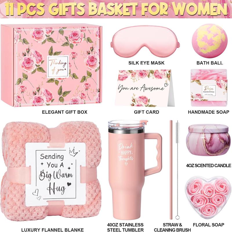 Birthday Gifts for Women Self Care Gifts Get Well Soon Gifts, Rose Relaxing  Gifts Basket Care Package w  Luxury Flannel Blanket 40 oz Tumbler, Christmas Gifts Idea for Mom Her Friends Sister Wife