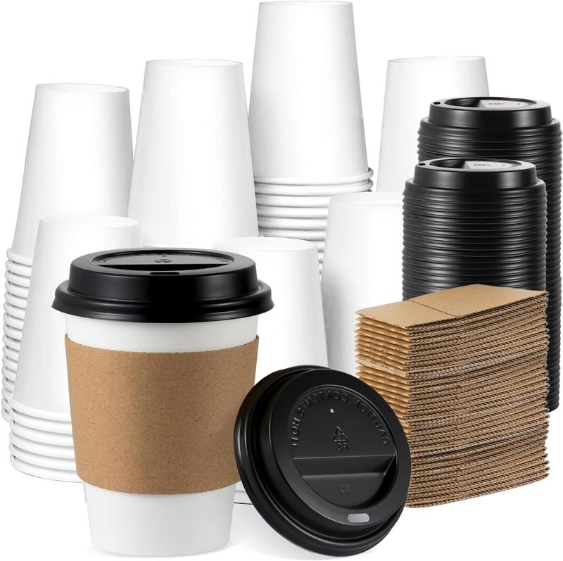 [100 Pack] 12 oz Disposable Coffee Cups with Lids and Sleeves, 12 oz  Coffee Cups with Lids, Sturdy White Paper Disposable Cups with Lids for Hot and Cold Beverage