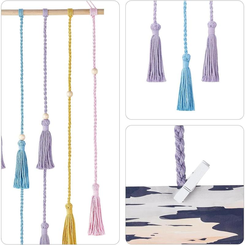 Hanging Photo Display Boho Macrame Wall Decor with Light, Teen Girl Teenage Gifts, Pictures Cards Frame Holder Art Hanger for Birthday Party Room Bedroom Dorm, with 30 Wood Clips, Multi Hangable Ornaments