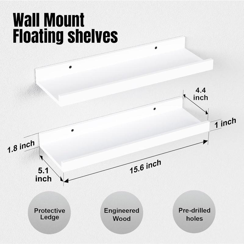 Floating Shelves Wall Mounted Set of 2, Modern White Shelves for Bedroom, Display Picture Ledge Shelf for Wall Decor Living Room Bathroom Kitchen - White wall mount