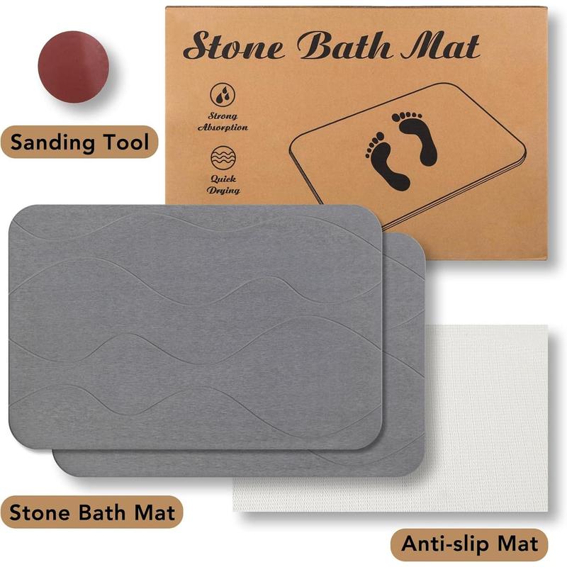 Stone Bath Mat, Diatomaceous Earth Shower Mat, Non-Slip Super Absorbent Quick Drying Bathroom Floor Mat, 2Pack,Grey, Pattern 1