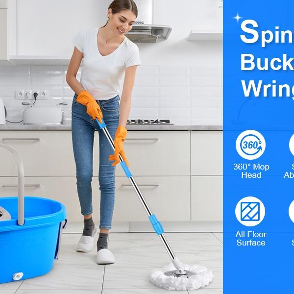 Spin Mop & Bucket Floor Cleaning System with Stainless Steel Wringer Set and 2 Microfiber  Replacement Refills, 61in Extendable Handle Rubber Box