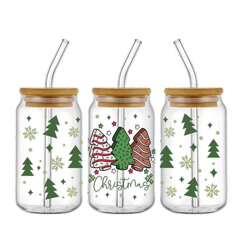 Christmas Festival Theme Tree Pattern Sticker, 4 Counts set Waterproof UV DTF Transfer Sticker, DIY Decorative Sticker for 16oz Cup