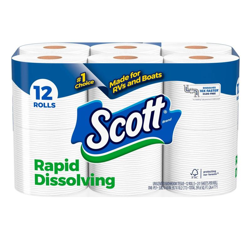 Scott Rapid-Dissolving Toilet Paper for RVs & Boats, 12 Double Rolls