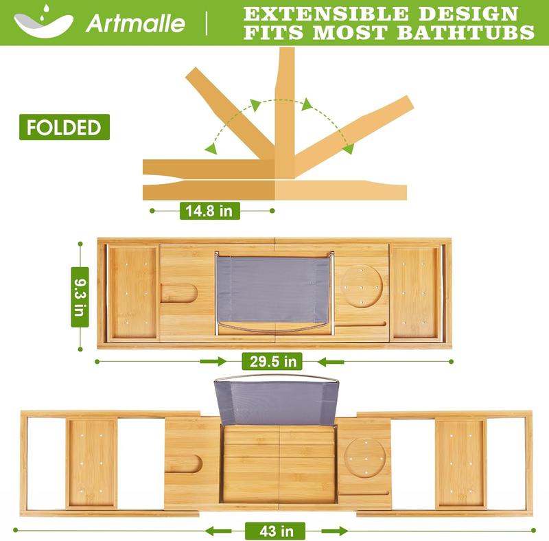 Bathtub Caddy Tray，Expandable and Foldable Bath Tray for Tub,  Bamboo Bath Caddy Tub Table, Bathtub Accessories with Book Holder and Free Soap Dish