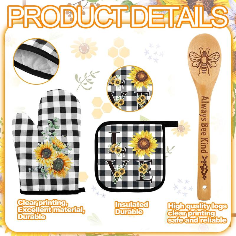 13 count Bee Sunflower Kitchen Set Include 5 Cute Wooden Spoons 2 Kitchen Towels 2 Kitchen Apron 2 Oven Mitts 2 Bee Sunflower Pot Holders for Housewarming Gifts (Sunflower)