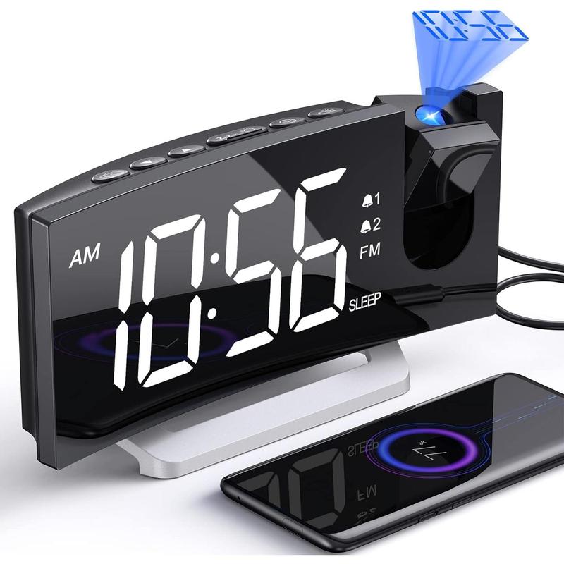 Projection  Clock with FM Radio, USB  Port, 0- Dimmer, Dual Alarms, HD LED Display, 30 Preset Stations, Sleep Timer, 5  Sounds, Snooze, Curved Screen, Digital Clock for Bedroom