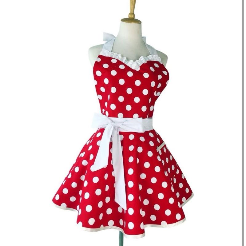 Lovely Sweetheart Retro Kitchen Aprons Woman Girl Cotton Polka Dot Cooking Salon Dress Pinafore Vintage Apron Mothers Gift (Red)