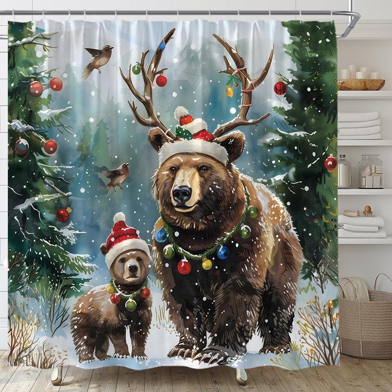 Christmas Bear Shower Curtain Winter Pine Tree Forest Xmas Ball Funny Antler Cap Snowy Scene Rustic Holiday Bathroom Curtain Set with Hooks(70