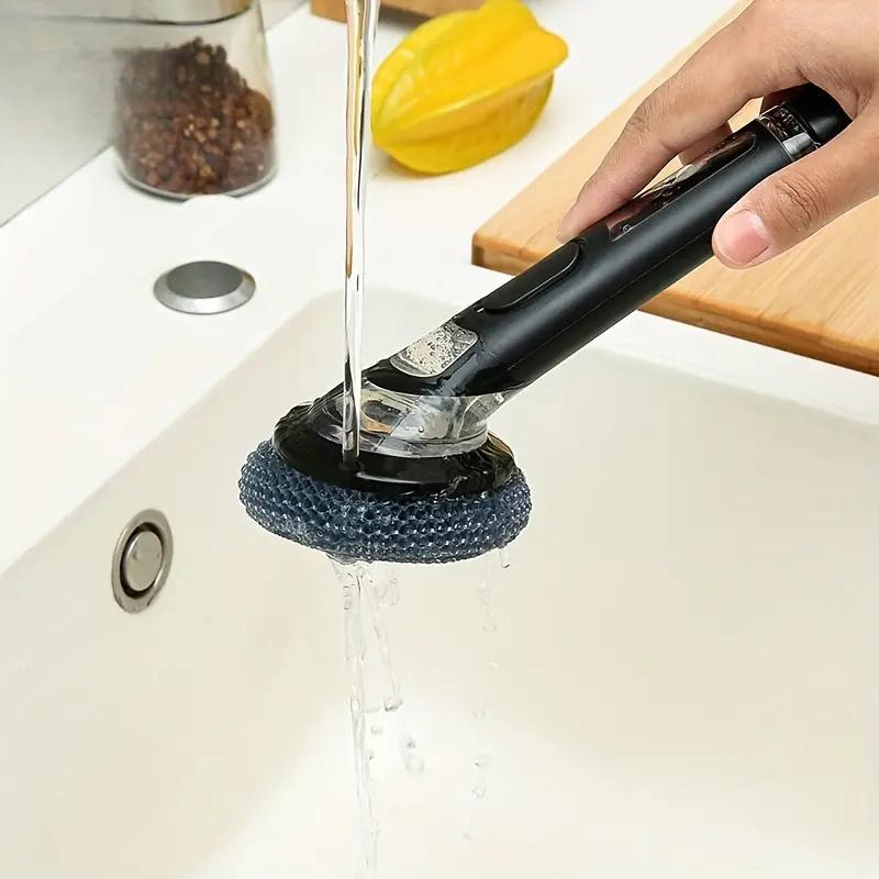 Kitchen Dishwashing Brush with Soap Dispenser, Non-electric Long-handle Cleaning Scrubber for Dishes, Pots, Pans, and Bowls