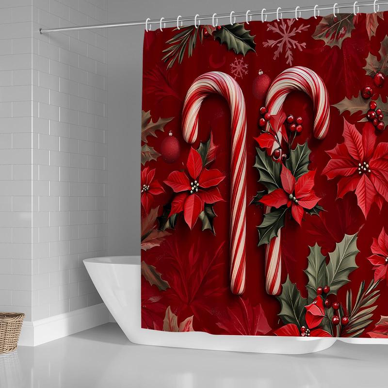 Christmas Candy Cane Pattern Shower Curtain, 1 Count Waterproof Fabric Shower Curtain with 12pcs Hooks, Bathroom Decor Supplies for Home Hotel Dormitory