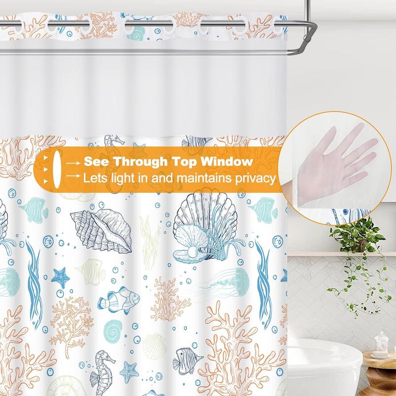 No Hook Shower Curtain with Snap in Liner,Coastal Shower and Liner Set for Bathroom  See Through Shower Curtain with Window, Double Layer,Washable