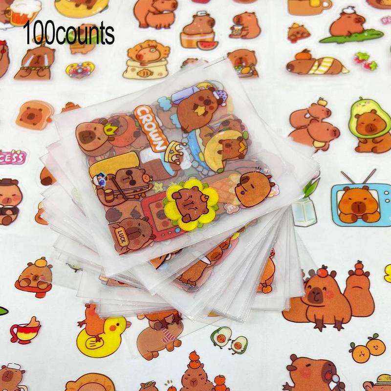 Random Capybara Pattern Sticker (100 Sheets), Waterproof Self Adhesive Decor Paper, Decor Sticker for Gift Greeting Card Water Bottle Laptop Phone