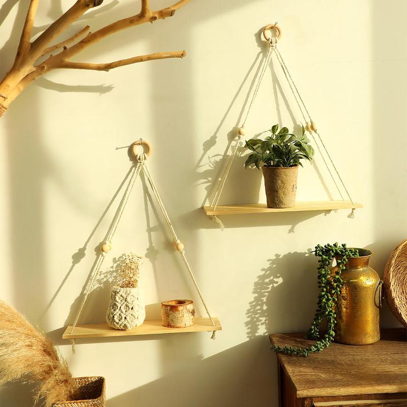 Hanging Wooden Shelves, 2 Counts Boho Hanging Plant Shelf, Hanging Ornaments for Wall Decor, Hangable Floating Farmhouse Rustic Shelf for Plant Pot, Fall Decor, Room Decor, Bedroom Decor, Christmas Gifts, 2024 Storage Organizer