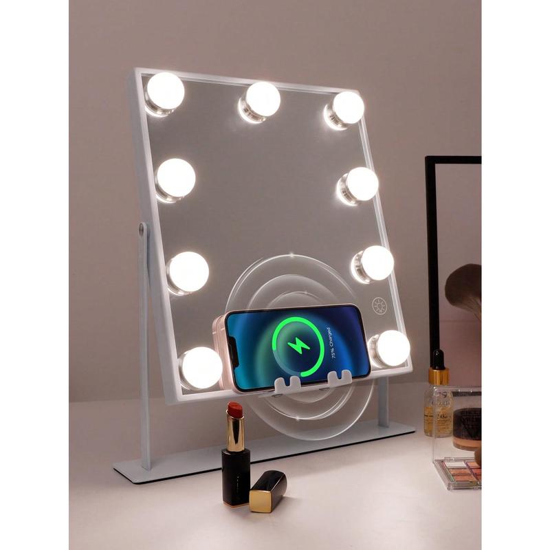 FENCHILIN White Holly Wood Vanity Mirror With Lights 9 Dimmable Bulbs Wireless Charger Bluetooth Speaker Makeup Mirror With Smart Touch Control For Glam Room Bedroom Detachable 10X Magnification