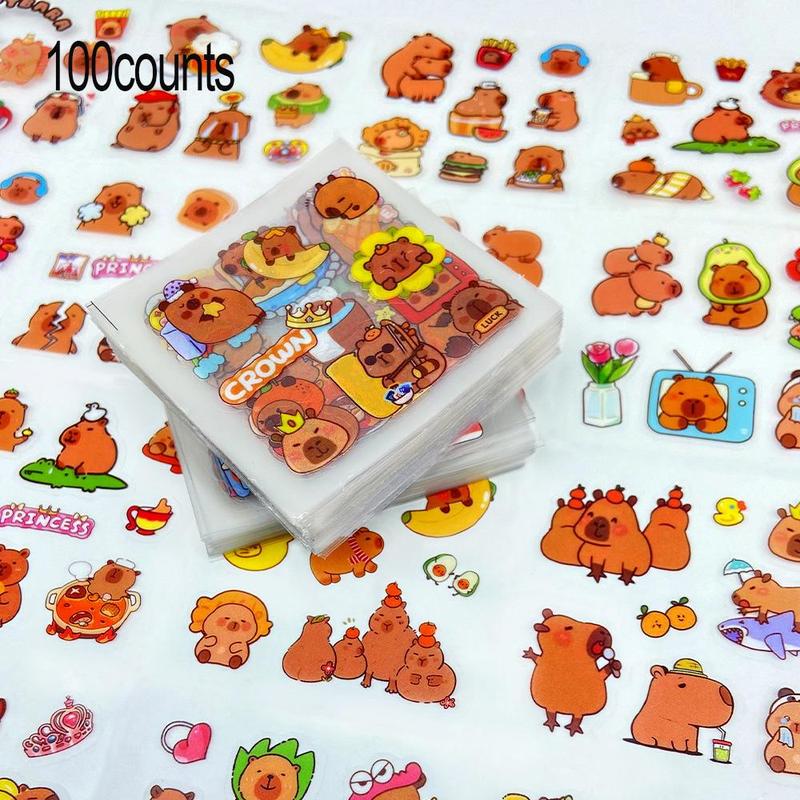 Random Capybara Pattern Sticker (100 Sheets), Waterproof Self Adhesive Decor Paper, Decor Sticker for Gift Greeting Card Water Bottle Laptop Phone