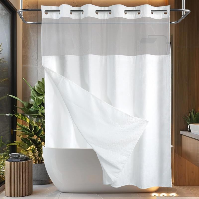 No Hook Waffle Weave Shower Curtain with Snap in Liner Set, White Waterproof Heavy Duty Fabric Cloth Bathroom Curtains with See Through Window, Modern Hotel Farmhouse Bath Curtain Decor 7174