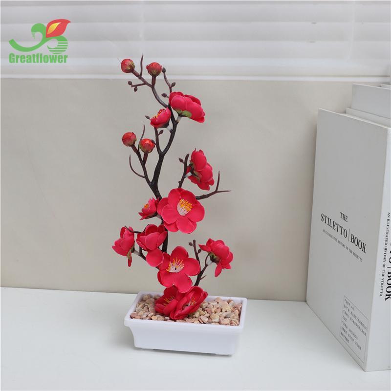 Artificial Plum Blossom & Potted Plant, 1 Count Elegant Simulation Plant Decoration, Small Desktop Faux Bonsai For Home Decor