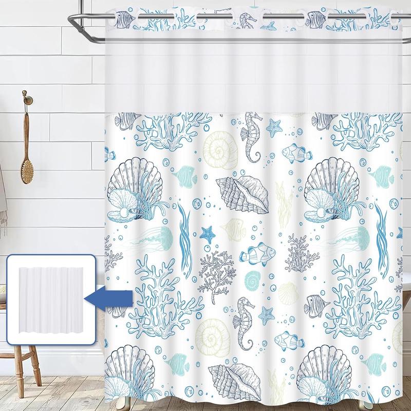 No Hook Shower Curtain with Snap in Liner,Coastal Shower and Liner Set for Bathroom  See Through Shower Curtain with Window, Double Layer,Washable