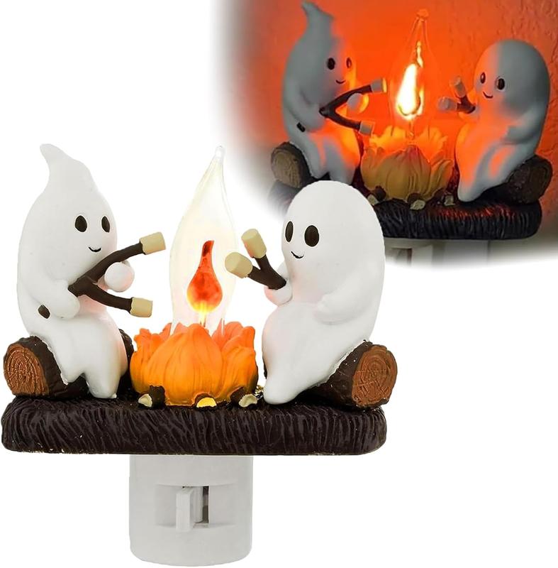 Ghosts Roasting Marshmallows over Flickering Halloween Night Light – Spooky Decor campfire nightlight Lightweight Cloth