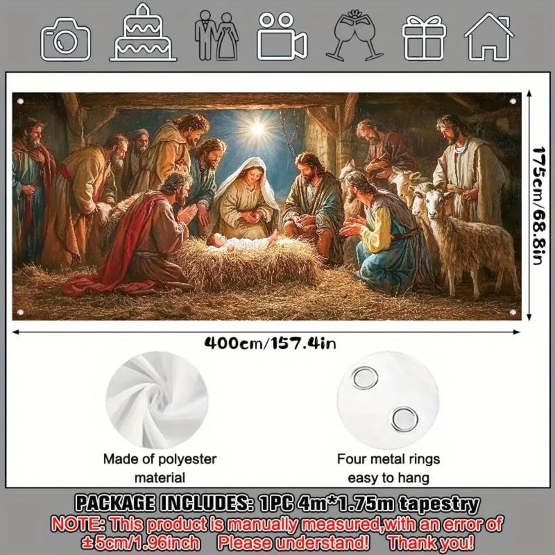 Festive Season Birth Scene Outdoor Garage Door Banner Decoration - Large 6X13 Feet Polyester Tapestry Background for Holiday Parties