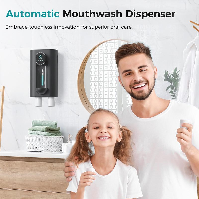 Oylik Automatic Mouthwash Dispenser 18.26 oz Touchless Mouthwash Dispenser for Bathroom 2 Magnetic Cup USB Rechargeable and 3 Dispensing Levels Adjustable Toothbrush Adjustable