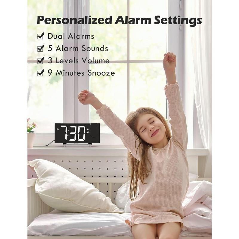 Projection  Clock with FM Radio, USB  Port, 0- Dimmer, Dual Alarms, HD LED Display, 30 Preset Stations, Sleep Timer, 5  Sounds, Snooze, Curved Screen, Digital Clock for Bedroom