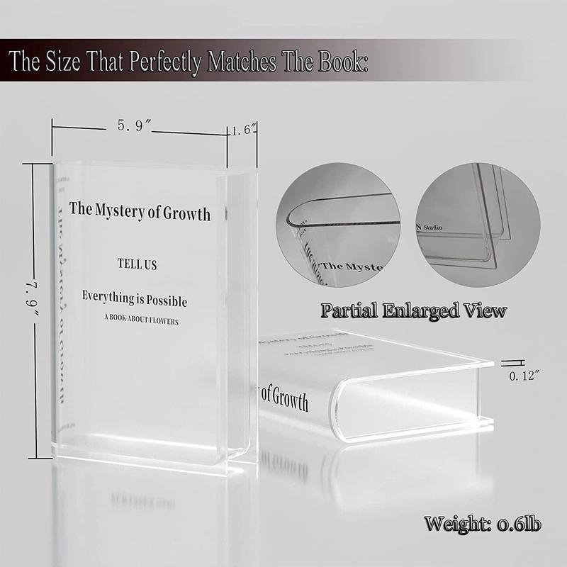 Bookend vase, lovely bookshelf decoration, unique vase for book lovers, artistic and cultural flavor acrylic vase for home office decoration, a book about flowers (transparent color)