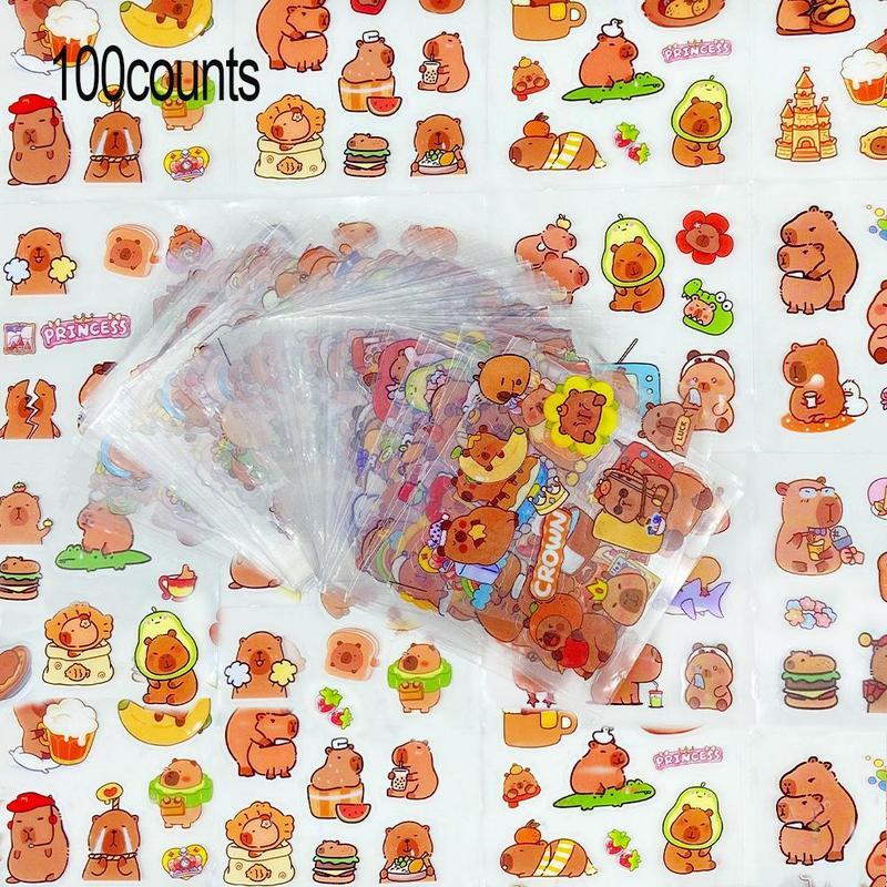 Random Capybara Pattern Sticker (100 Sheets), Waterproof Self Adhesive Decor Paper, Decor Sticker for Gift Greeting Card Water Bottle Laptop Phone