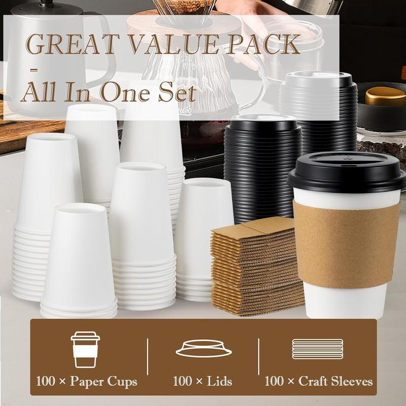 [100 Pack] 12 oz Disposable Coffee Cups with Lids and Sleeves, 12 oz  Coffee Cups with Lids, Sturdy White Paper Disposable Cups with Lids for Hot and Cold Beverage