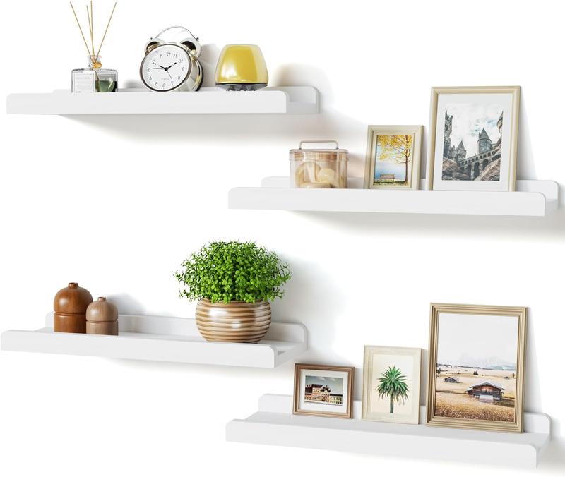 White Floating Shelves for Wall Set of 4, Wood Wall Shelves with Lip,15.6 Inch Rustic Hanging Shelves for Bedroom Bathroom Living Room Kitchen Nursery Display Decor Wooden