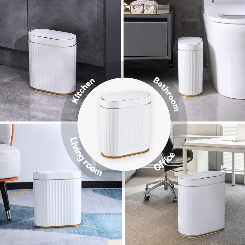 Automatic Motion Sensor Trash Can - 2 Gallon Slimline for Bathroom, Bedroom, Kitchen, Office - White with Gold Trim Waterproof Hand