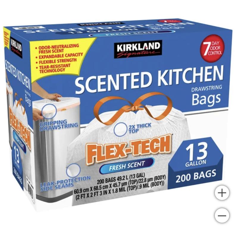 Kirkland Signature Flex-Tech 13-Gallon Scented Kitchen Trash Bags, 200-count, New.