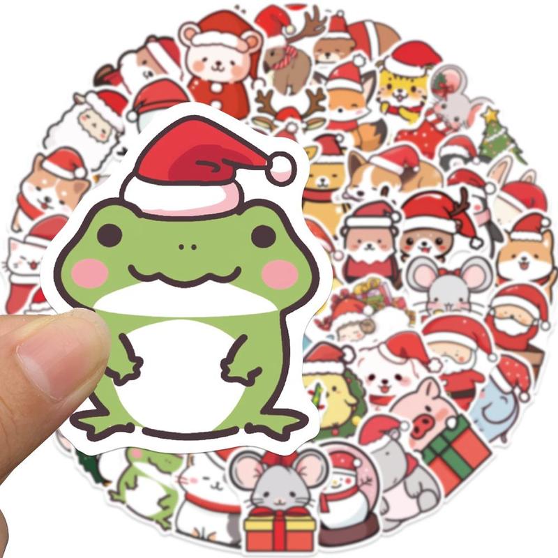 Cute Cartoon Animal Pattern Sticker, 50pcs set Creative Christmas Themed Sticker, DIY Decorative Sticker for Stationery & Computer & Water Bottle