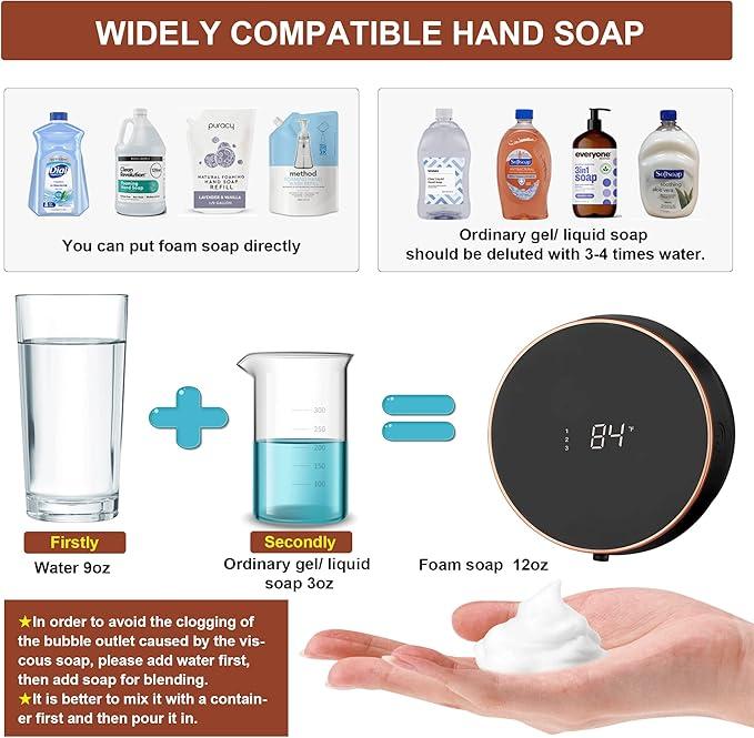  Monstake Automatic Soap Dispenser Touchless Auto Foaming Hands Free Wall Mount Foam Hand Soap Dispenser Electric Plastic Modern Rechargeable Smart Dish Soap Dispenser for Bathroom Kitchen Black