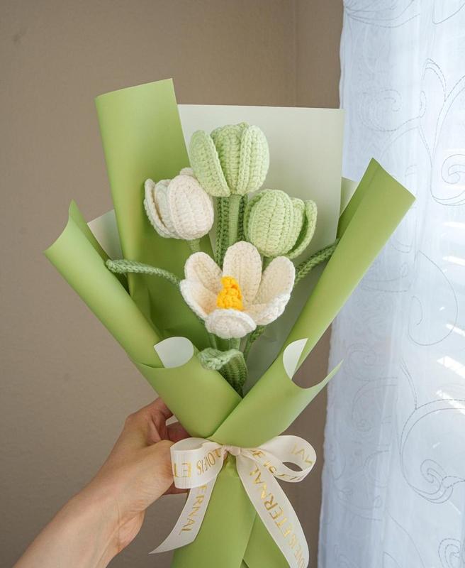 Crochet flowers bouquet handmade, Tulip bouquet, Anniversary, Birthday, Girlfriend, Mom, Grandma gift, Forever flower