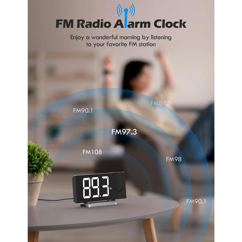 Projection  Clock with FM Radio, USB  Port, 0- Dimmer, Dual Alarms, HD LED Display, 30 Preset Stations, Sleep Timer, 5  Sounds, Snooze, Curved Screen, Digital Clock for Bedroom