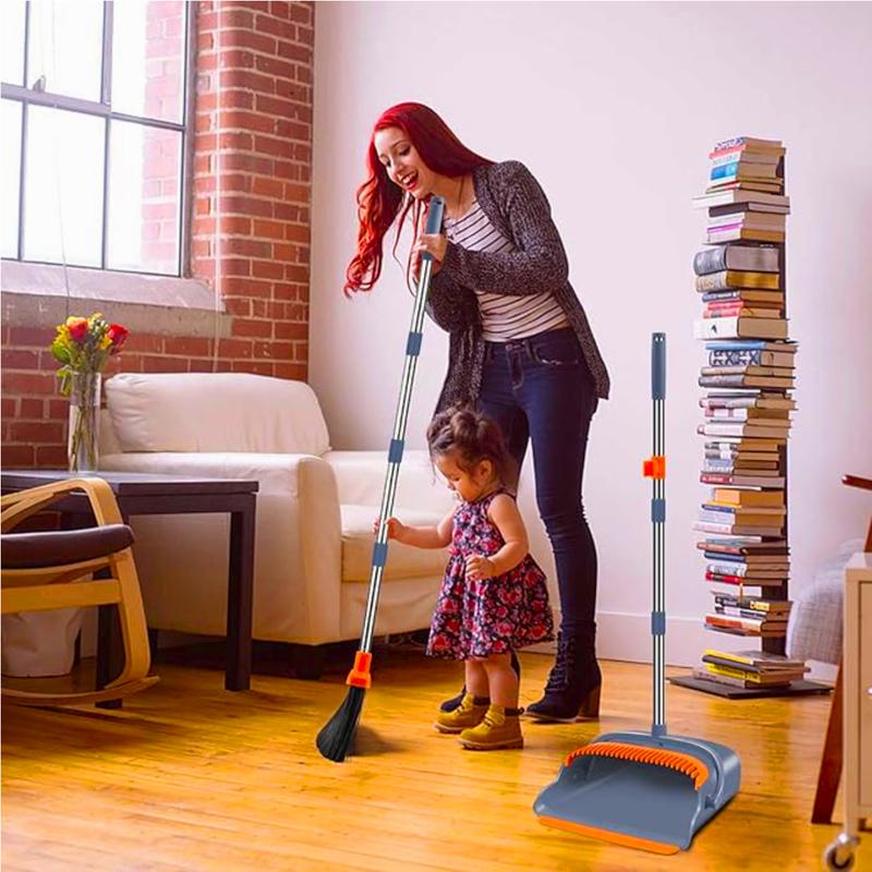 Popular Broom and Dustpan Set, Self-Cleaning with Dustpan Teeth, Indoor&Outdoor Sweeping, Ideal for Dog Cat Pets Home Use, Stand Up Broom and Dustpan