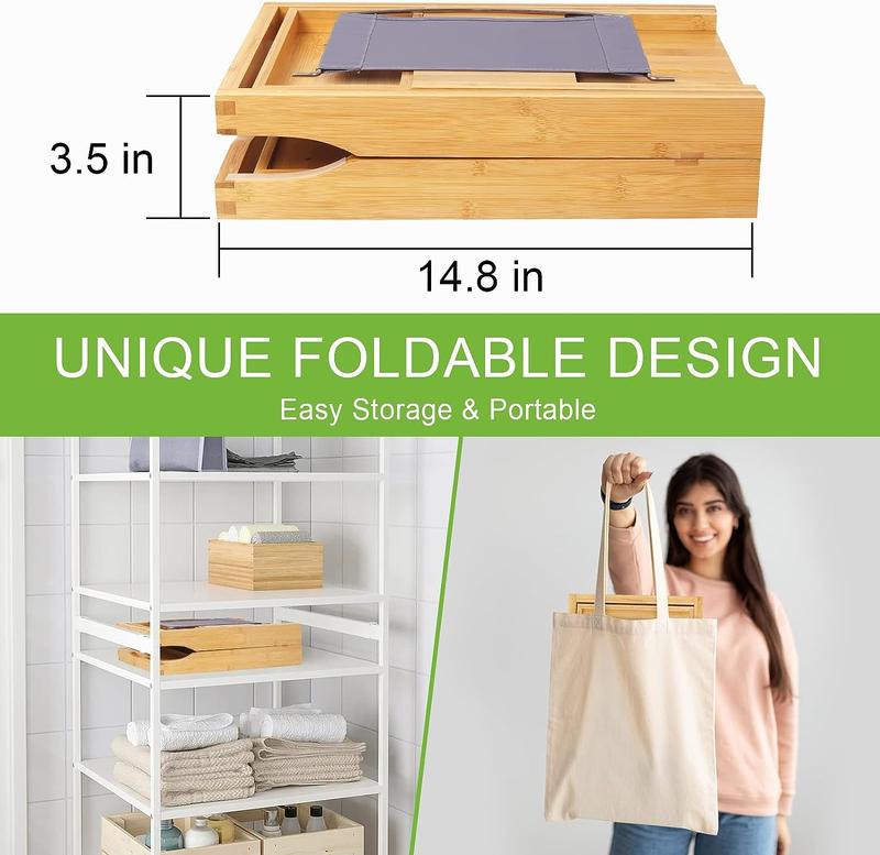 Bathtub Caddy Tray，Expandable and Foldable Bath Tray for Tub,  Bamboo Bath Caddy Tub Table, Bathtub Accessories with Book Holder and Free Soap Dish